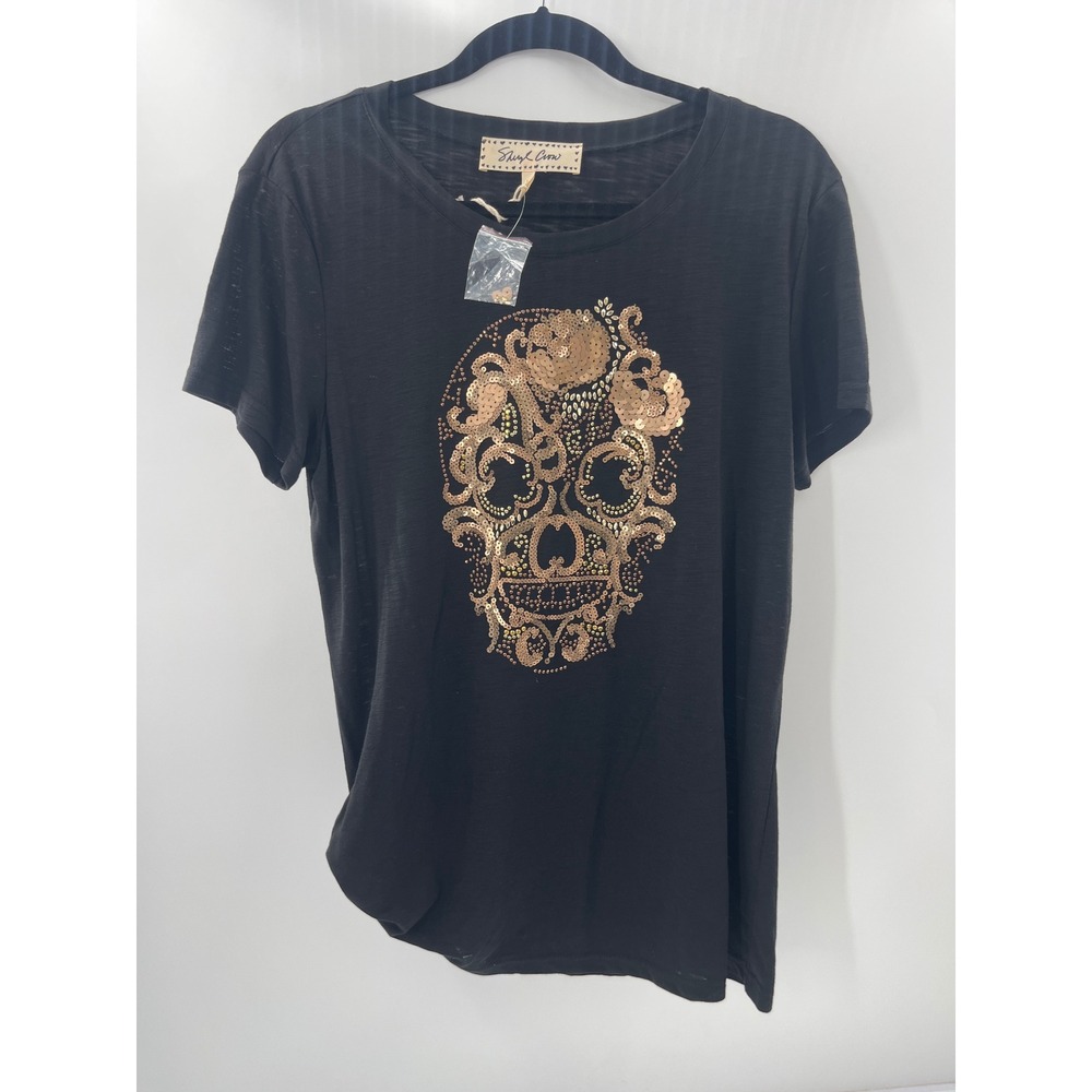 Sheryl Crow Black Sequin Sugar Skull Graphic T-Shirt Crew Neck Large NWT